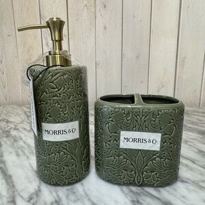 Morris & Co., Floral Ceramic Soap Dispenser and Toothbrush Holder, Green